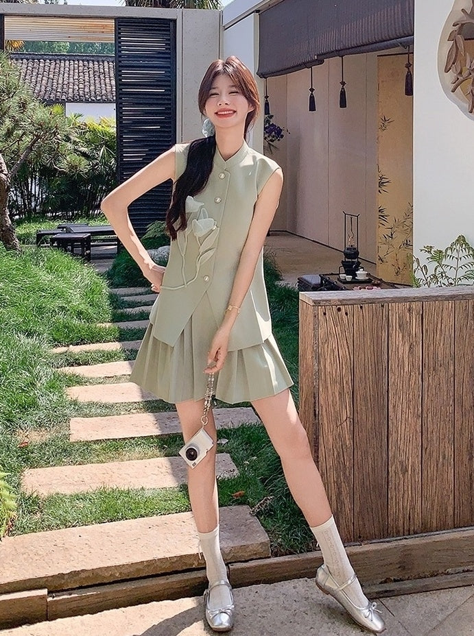 Light Green Floral Pleated Vest Skirt Set