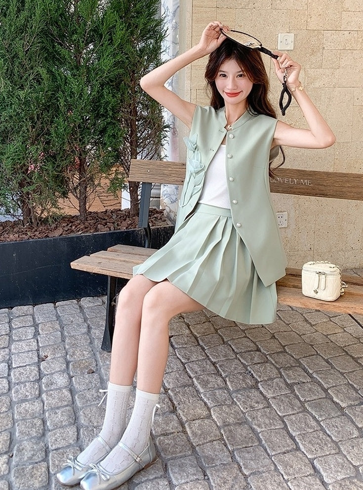 Light Green Floral Pleated Vest Skirt Set