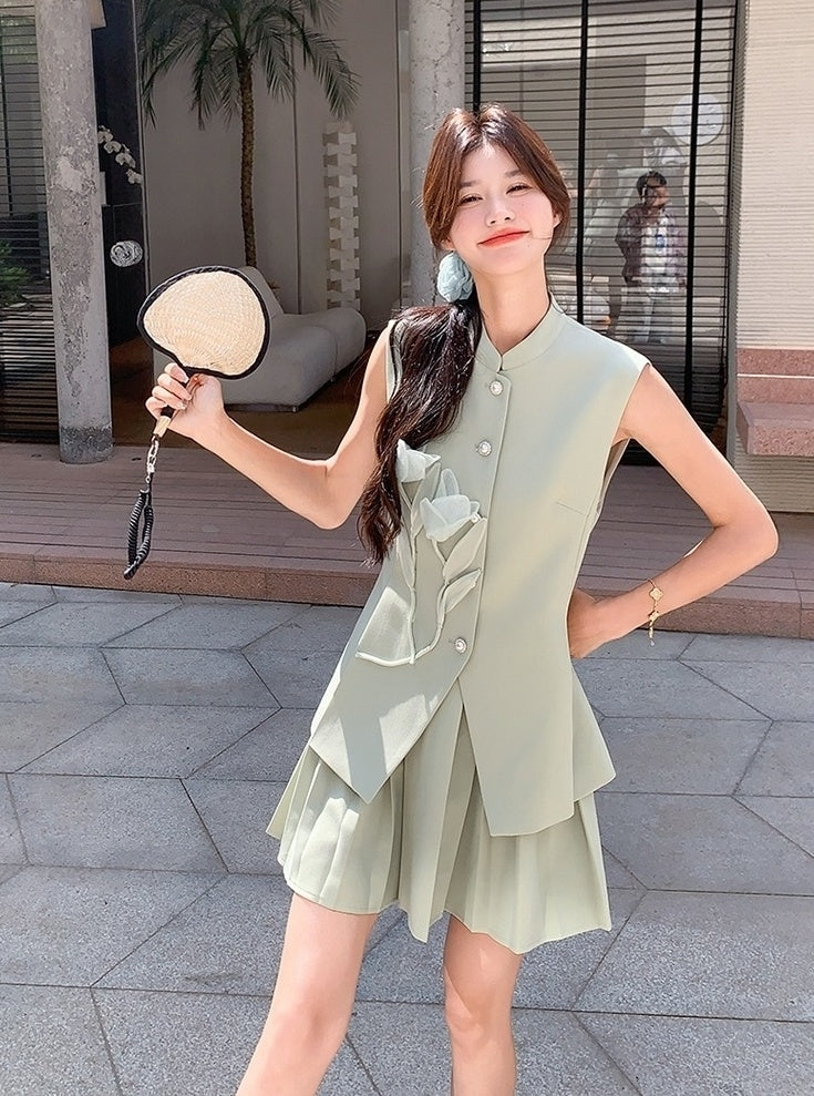 Light Green Floral Pleated Vest Skirt Set