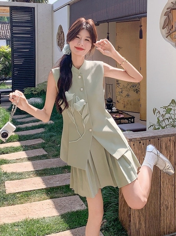 Light Green Floral Pleated Vest Skirt Set