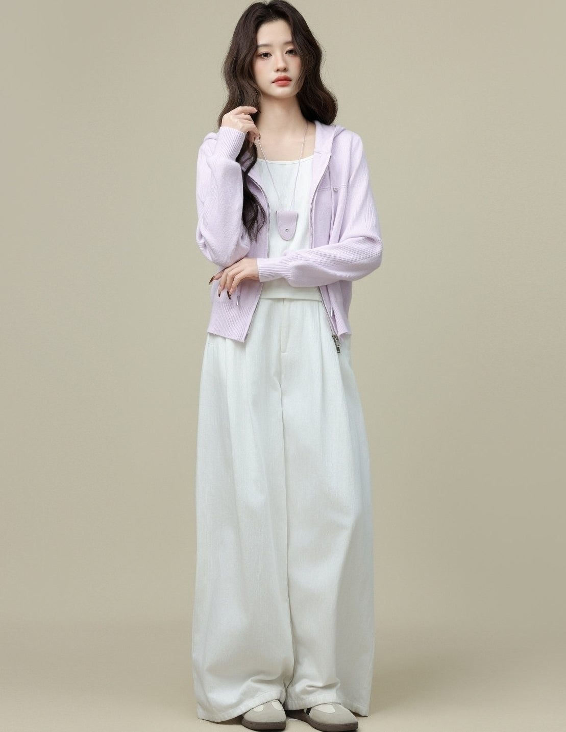 Light Purple Double Zip Hooded Cardigan Jacket