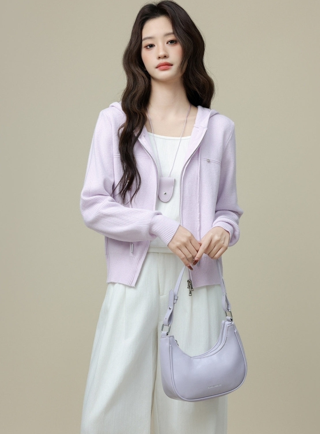 Light Purple Double Zip Hooded Cardigan Jacket