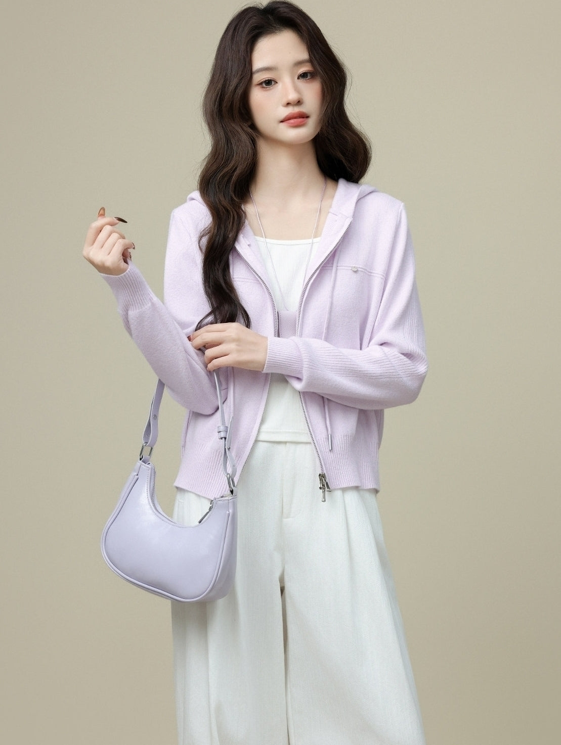 Light Purple Double Zip Hooded Cardigan Jacket