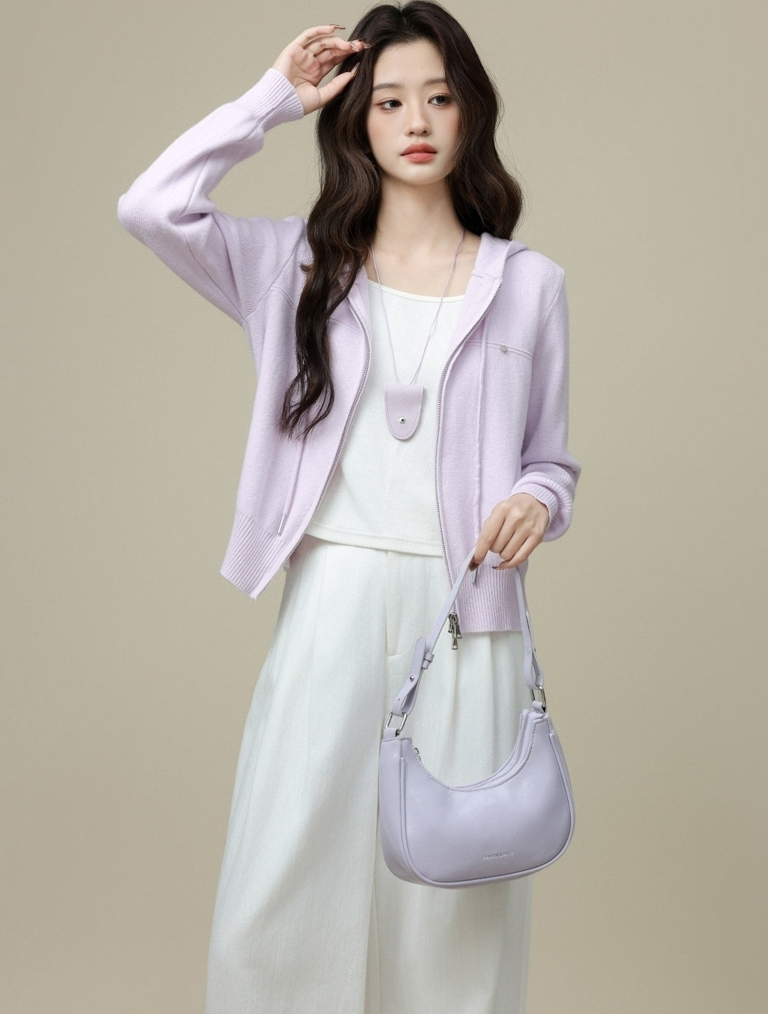 Light Purple Double Zip Hooded Cardigan Jacket