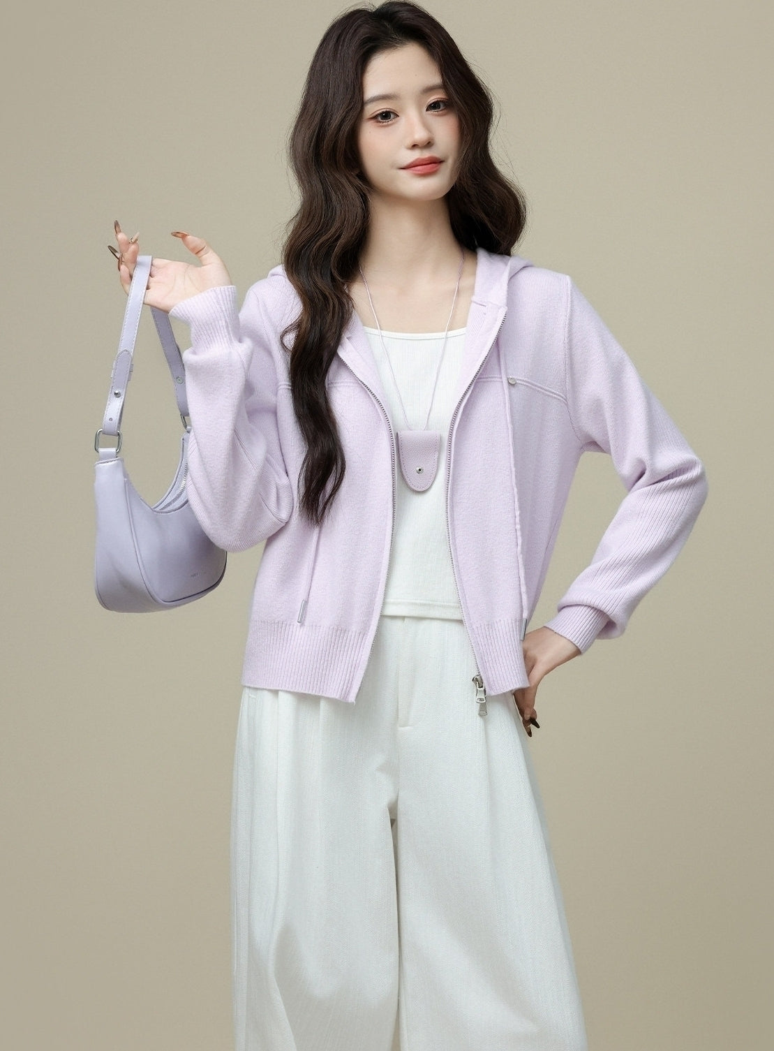 Light Purple Double Zip Hooded Cardigan Jacket