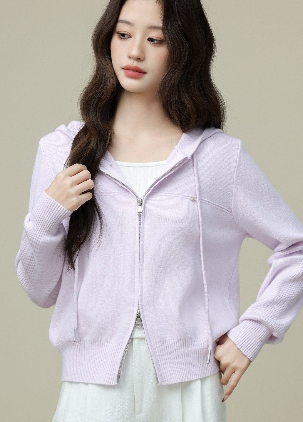 Light Purple Double Zip Hooded Cardigan Jacket