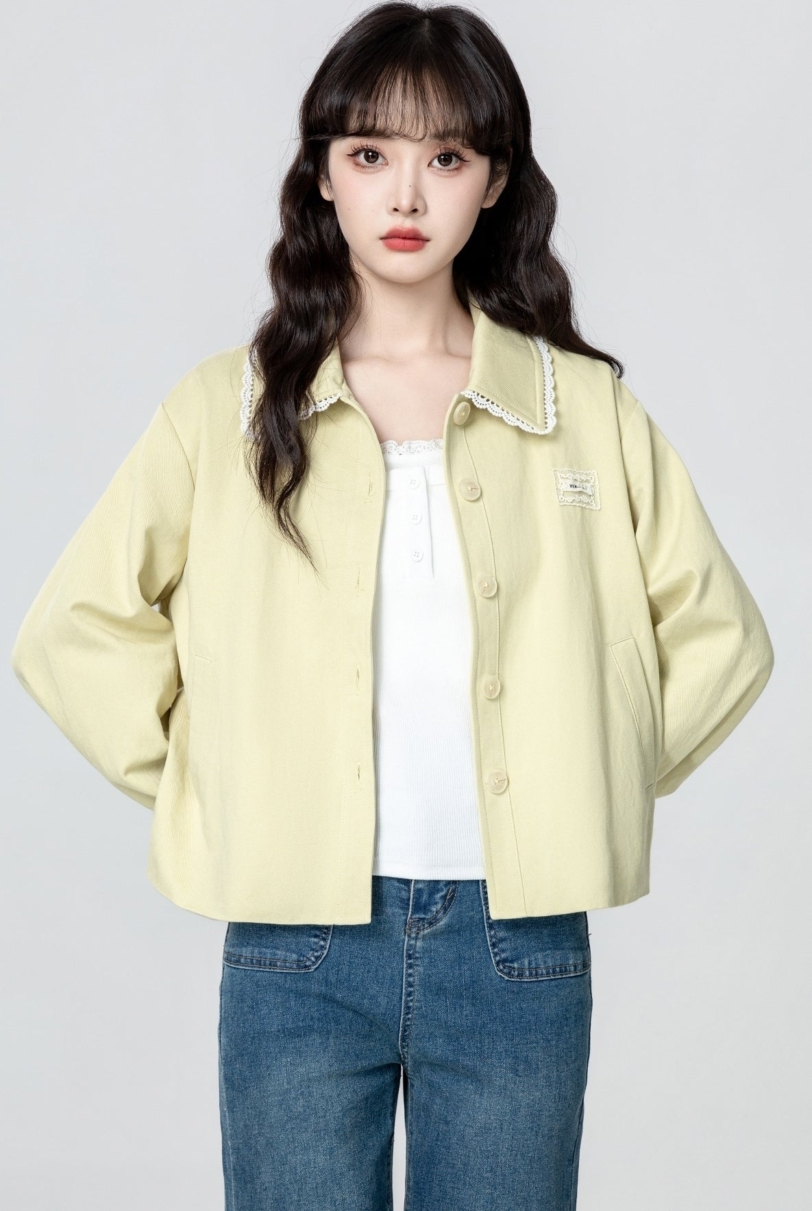 Light Yellow Lace Trim Utility Jacket Cardigan