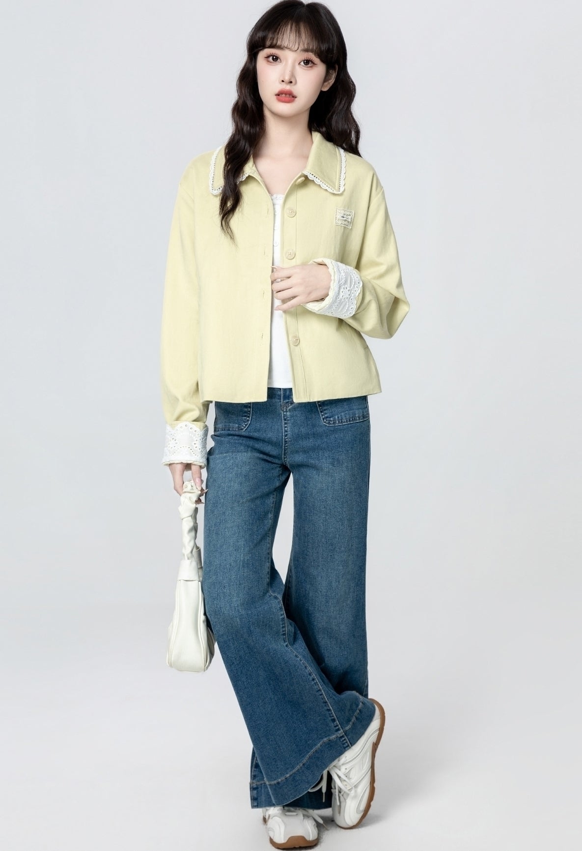 Light Yellow Lace Trim Utility Jacket Cardigan