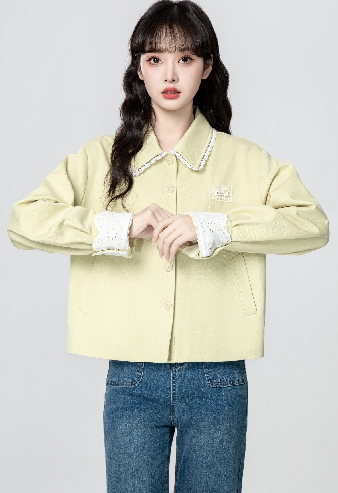 Light Yellow Lace Trim Utility Jacket Cardigan