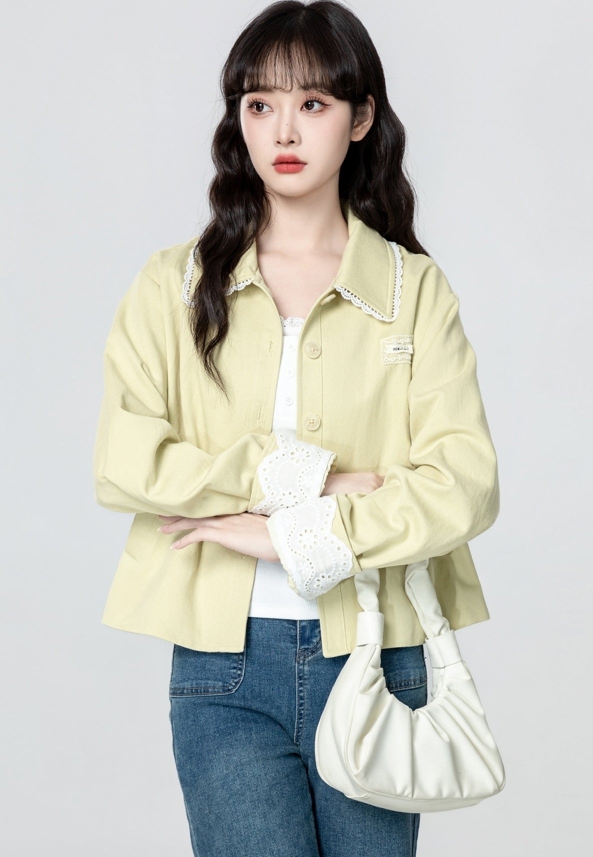 Light Yellow Lace Trim Utility Jacket Cardigan