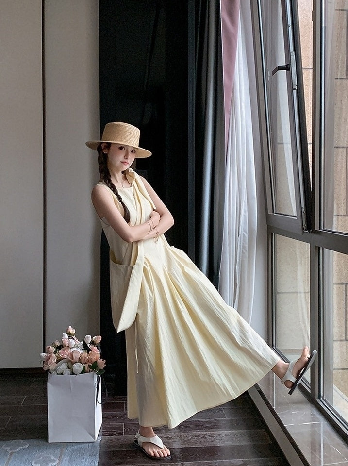 Light Yellow Sleeveless French Style Casual Dress
