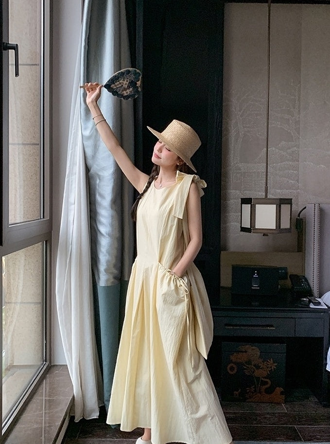 Light Yellow Sleeveless French Style Casual Dress