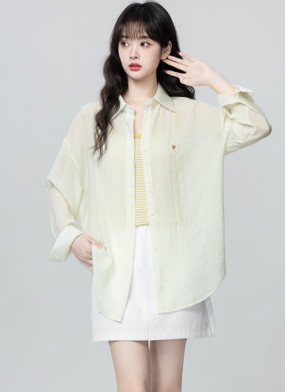 Light Yellow Sun Protection Shirt Jacket Casual Loose Lapel Top