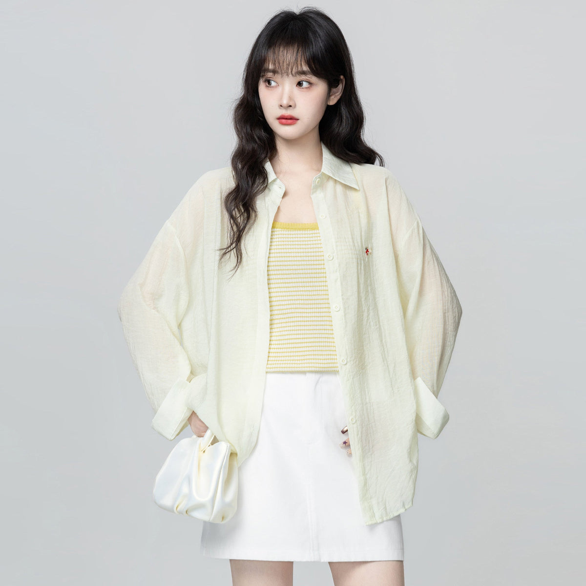 Light Yellow Sun Protection Shirt Jacket Casual Loose Lapel Top