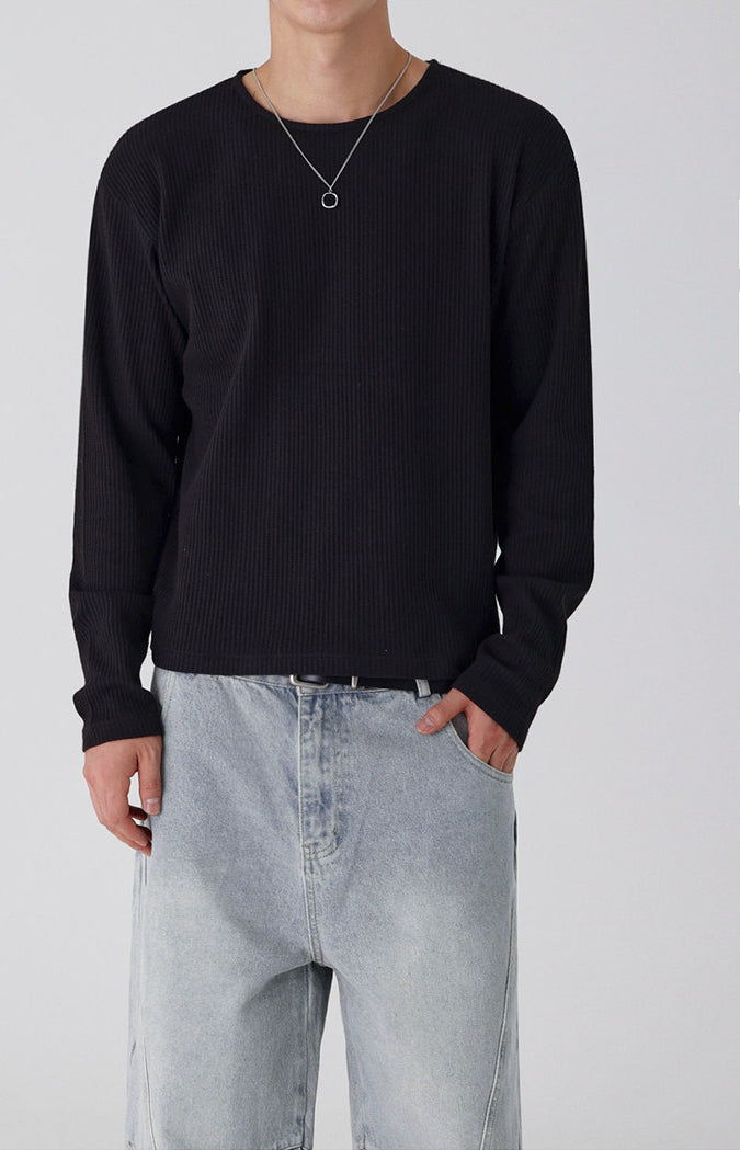 Lightweight Ribbed Crew Neck Long Sleeve T Shirt Casual Fit
