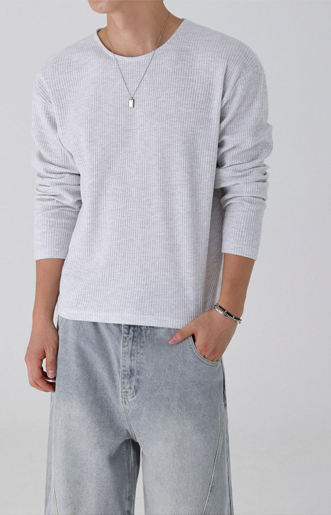 Lightweight Ribbed Crew Neck Long Sleeve T Shirt Casual Fit