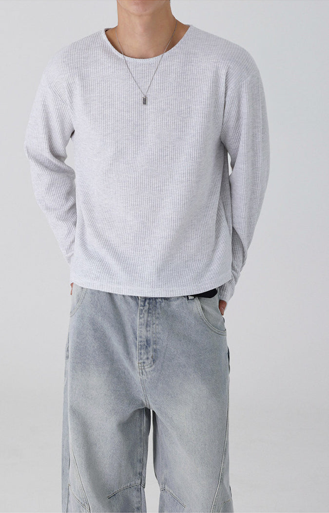 Lightweight Ribbed Crew Neck Long Sleeve T Shirt Casual Fit