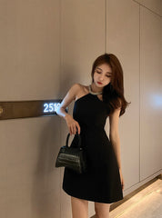 Black Halter Dress With Rhinestone
