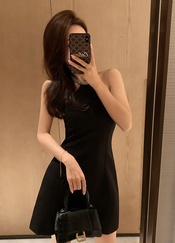 Black Halter Dress With Rhinestone