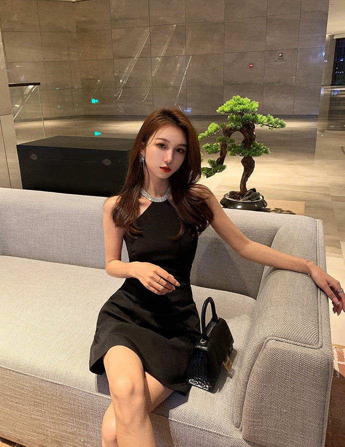 Black Halter Dress With Rhinestone