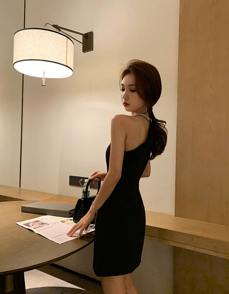 Black Halter Dress With Rhinestone