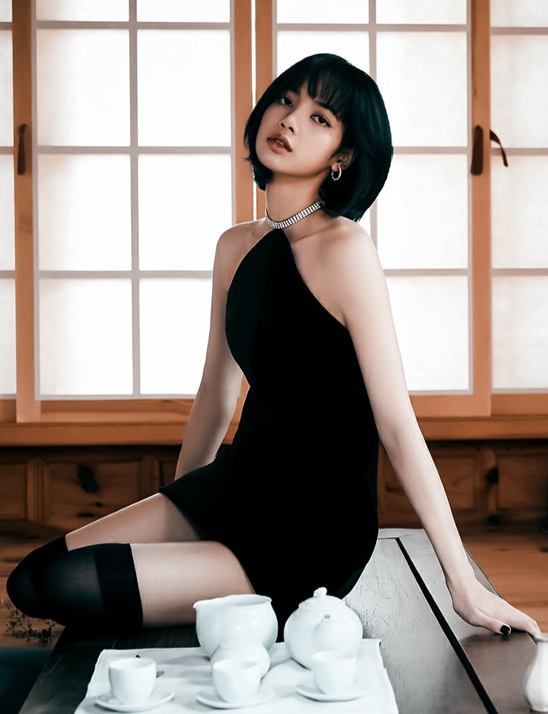 Black Halter Dress With Rhinestone