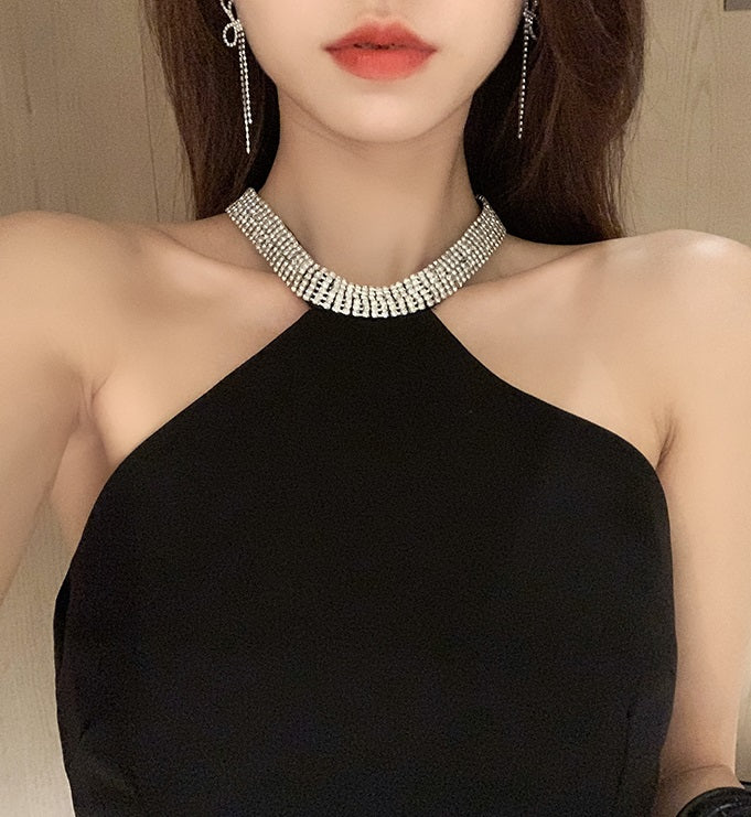 Black Halter Dress With Rhinestone