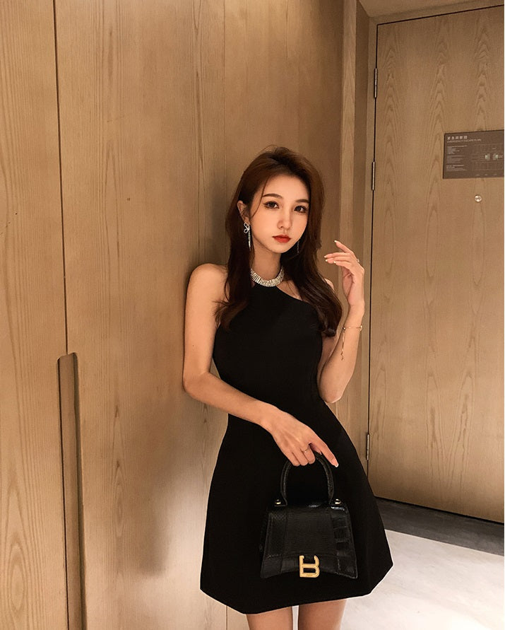 Black Halter Dress With Rhinestone