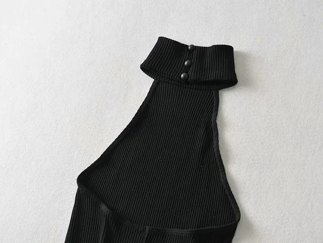 Black Open-Back Turtle Neck Crop Top