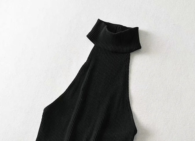 Black Open-Back Turtle Neck Crop Top