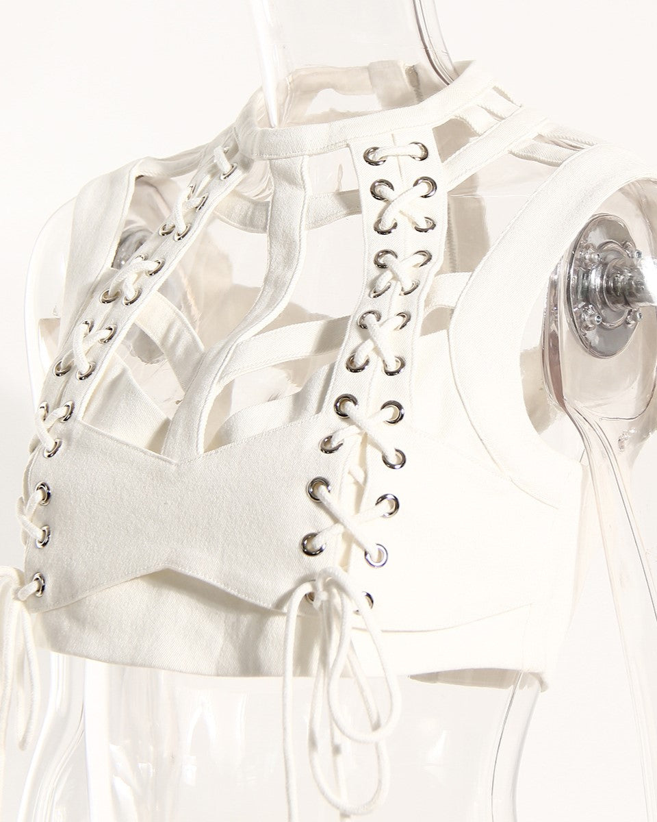White Lace-Up Hollow Crop Top