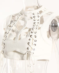 White Lace-Up Hollow Crop Top