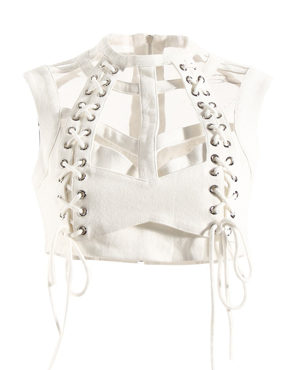 White Lace-Up Hollow Crop Top