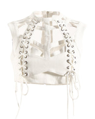 White Lace-Up Hollow Crop Top