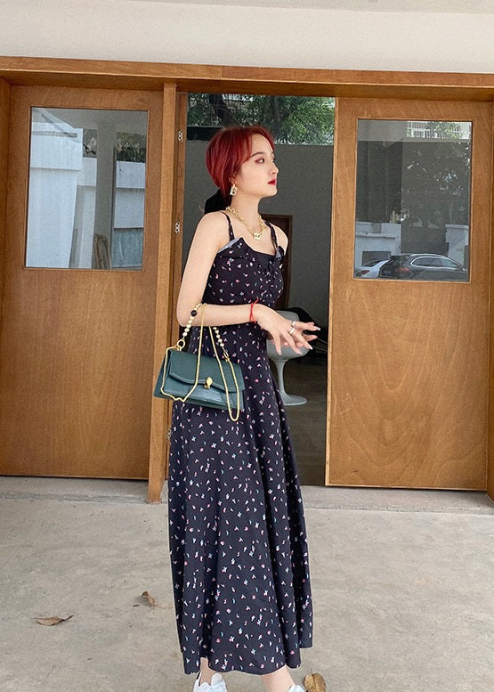 Black Sling Dress With Floral Pattern