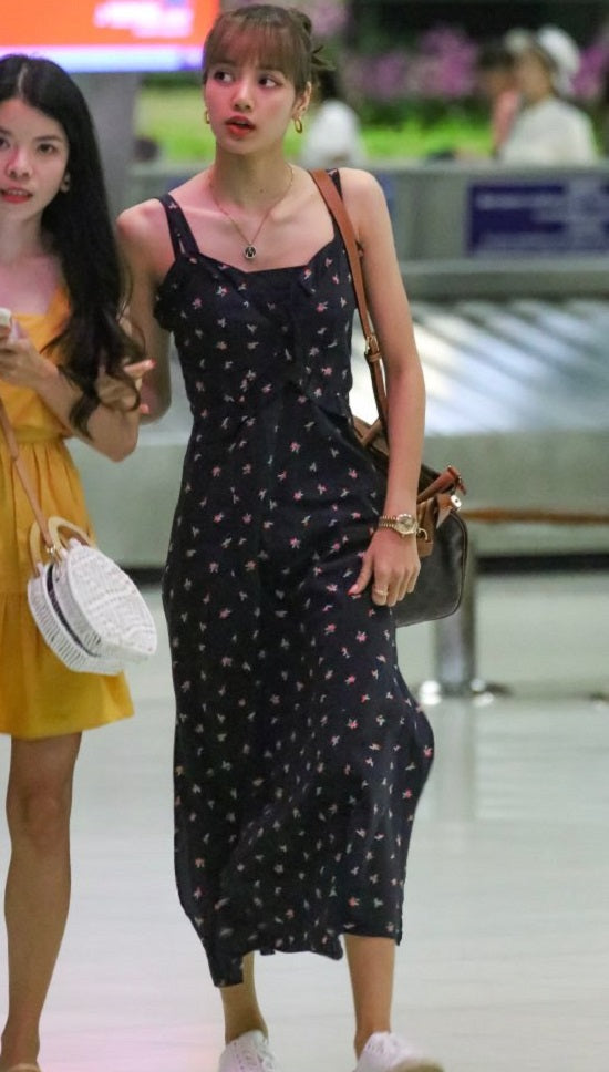Black Sling Dress With Floral Pattern