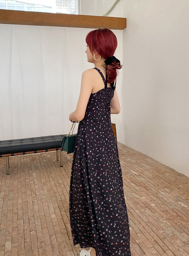Black Sling Dress With Floral Pattern