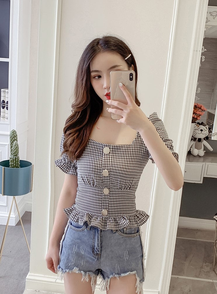 Grey Plaid Trumpet Sleeves Buttons Top