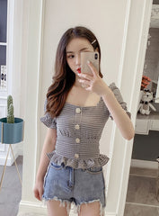 Grey Plaid Trumpet Sleeves Buttons Top