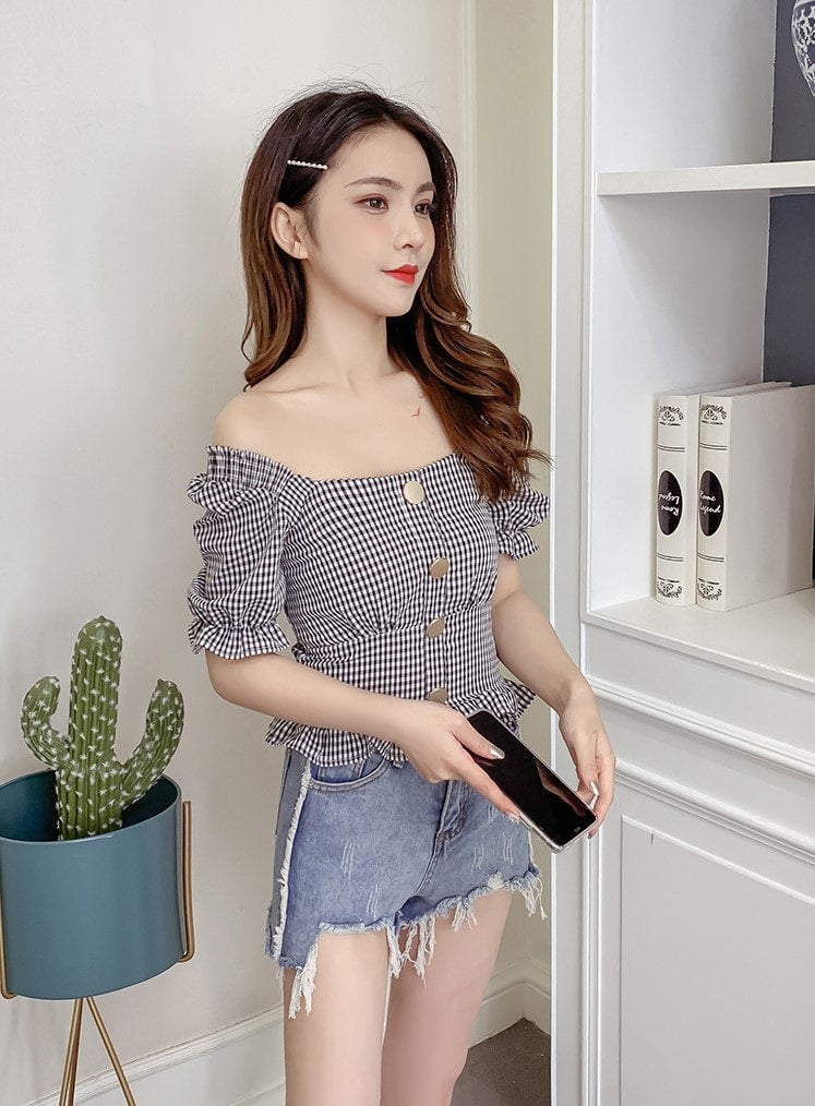 Grey Plaid Trumpet Sleeves Buttons Top