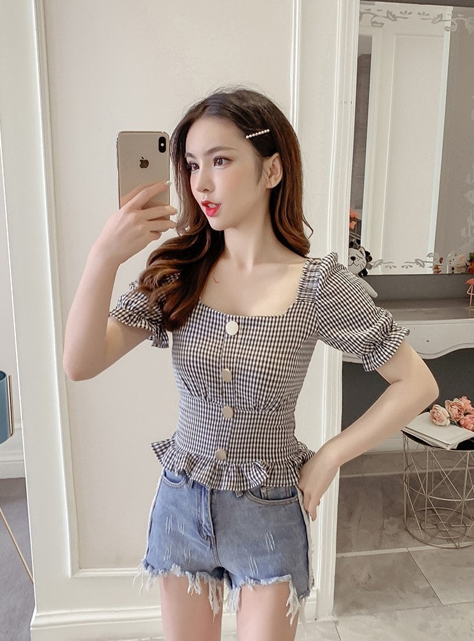 Grey Plaid Trumpet Sleeves Buttons Top