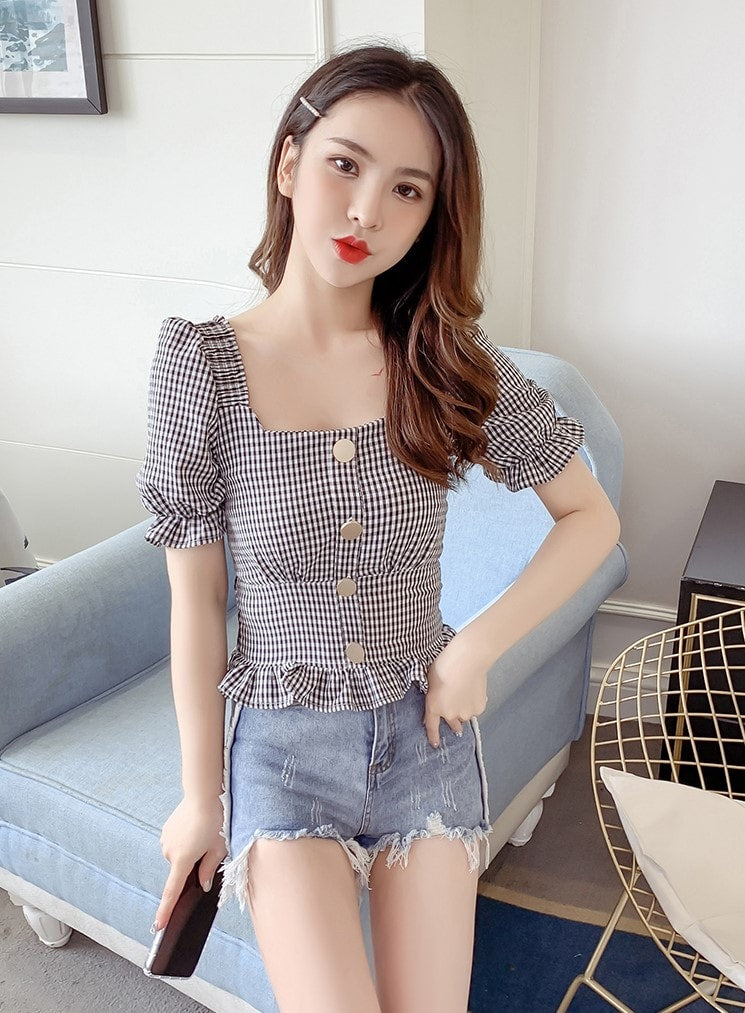 Grey Plaid Trumpet Sleeves Buttons Top