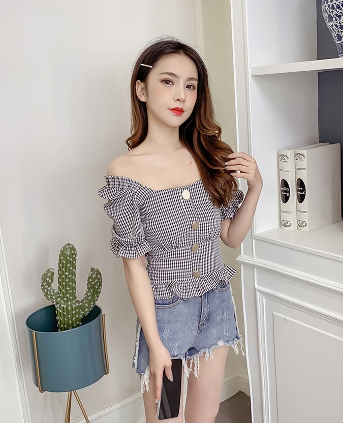 Grey Plaid Trumpet Sleeves Buttons Top