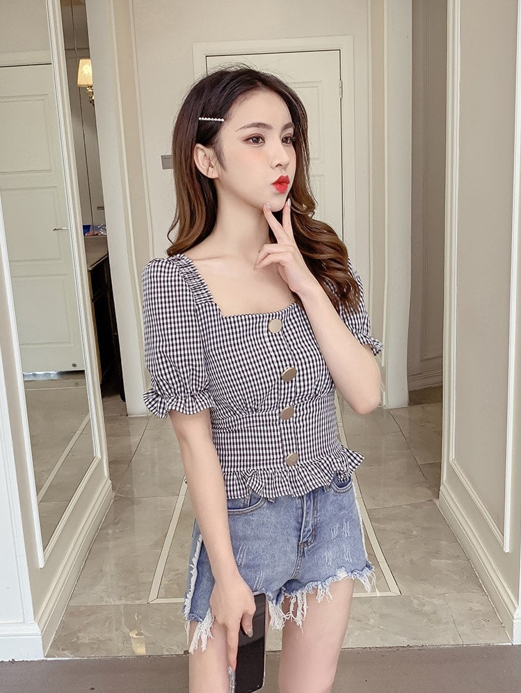 Grey Plaid Trumpet Sleeves Buttons Top
