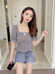 Grey Plaid Trumpet Sleeves Buttons Top