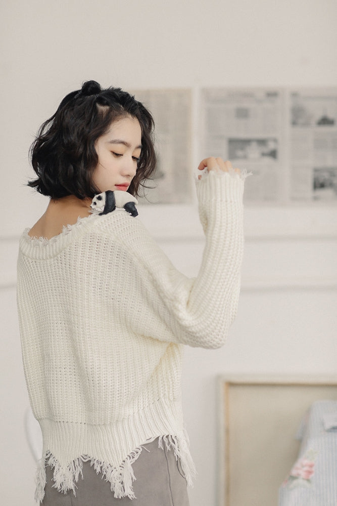 White V-Neck Tassels Knit Sweater