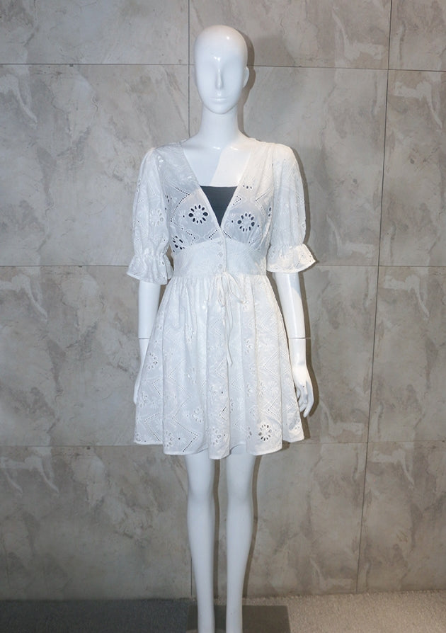 White Embroidery V-Neck Dress
