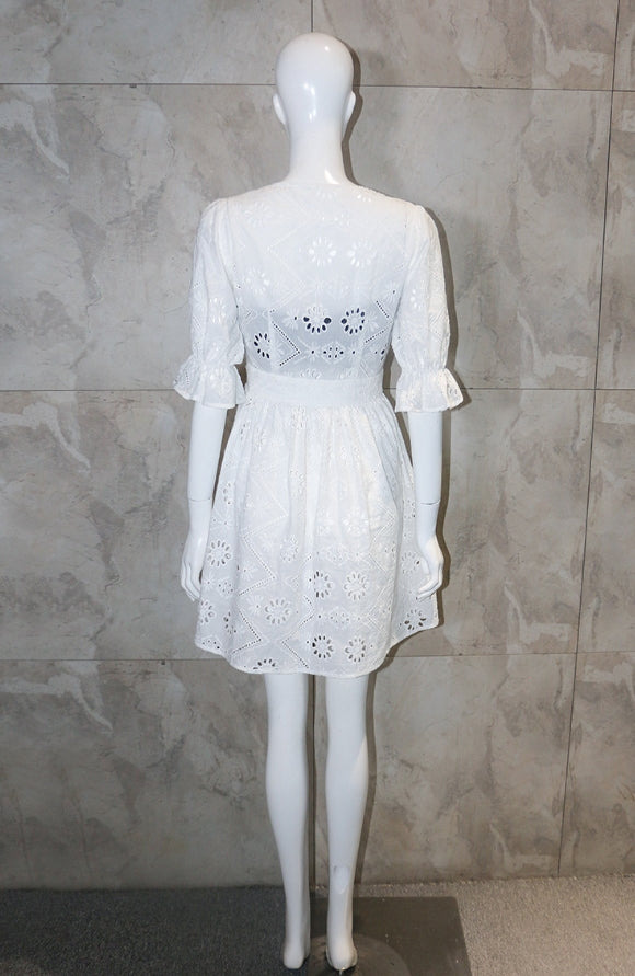 White Embroidery V-Neck Dress