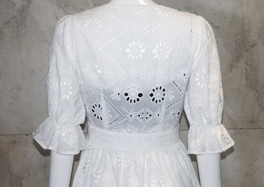 White Embroidery V-Neck Dress