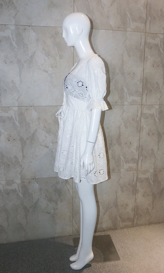 White Embroidery V-Neck Dress